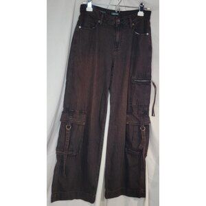 Womens 2R Brown Mid Rise Baggy Cargo Jeans Wide Leg Utility Pockets Streetwear